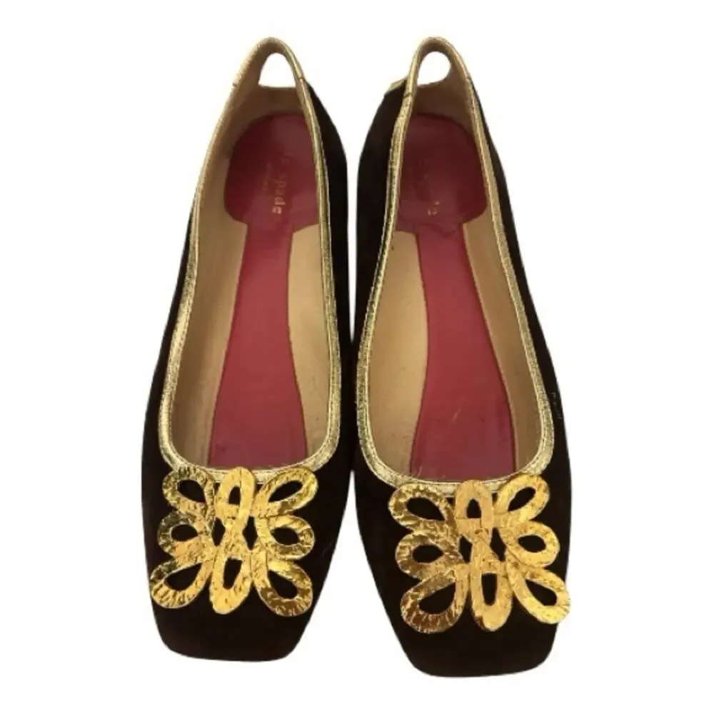 Kate Spade New York Loopy Buckle brown suede gold square toe flats Italy. 7.5